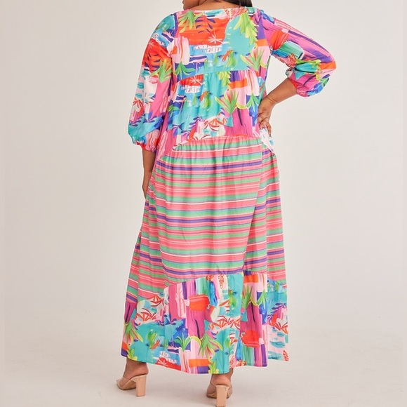 Flowy Long Sleeve Boho Colorful Maxi Dress 2XL Vacation Cruise Poolside - Picture 4 of 6